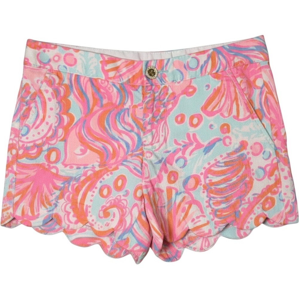 Lilly‎ Pulitzer Buttercup Shorts Women's 00 Pink Blue Scalloped Hem Preppy Beach